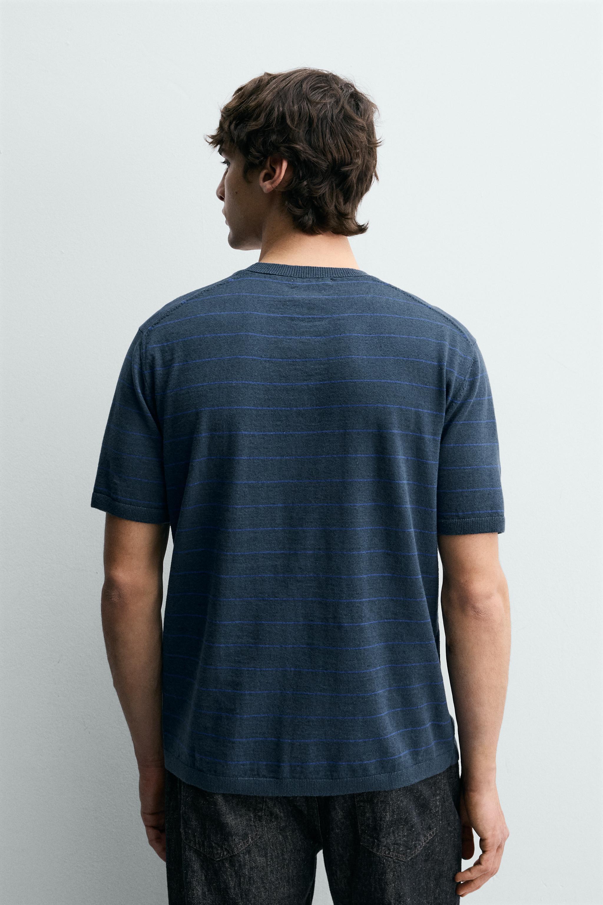 STRIPED COTTON LINEN BLEND KNIT T-SHIRT